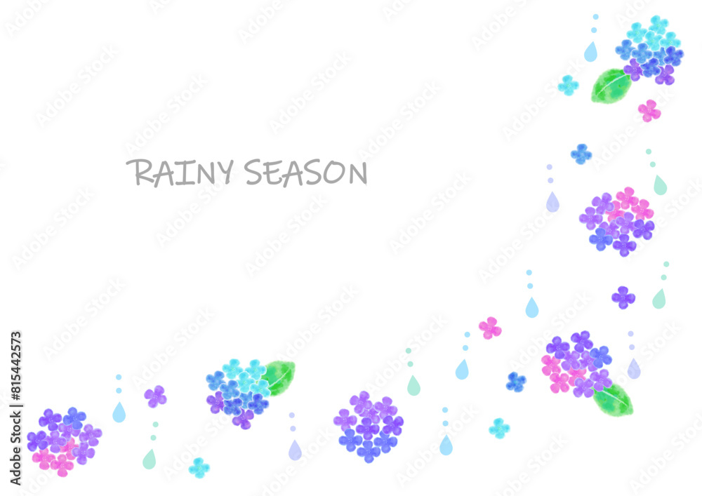 パステルの紫陽花と雨粒のかわいいラインイラスト