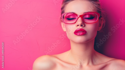  Woman in red glasses gazes seriously at camera against pink backdrop