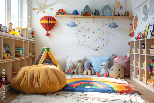 Pastel and playful children's playroom with bright colors, educational toys, creative storage solutions, and natural light. photo