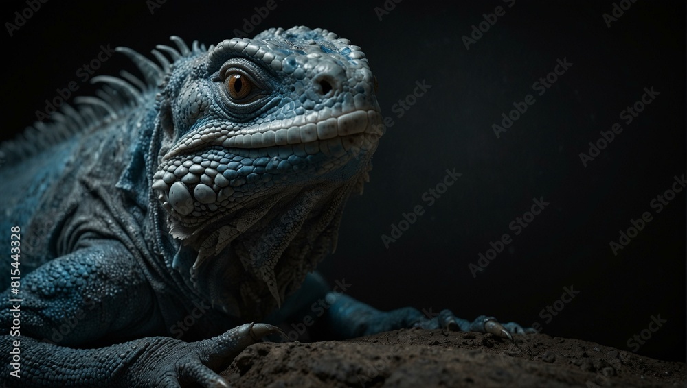 Close-up of a blue iguana with detailed scales in a dark environment Close-up of a blue iguana with detailed scales in a dark environment