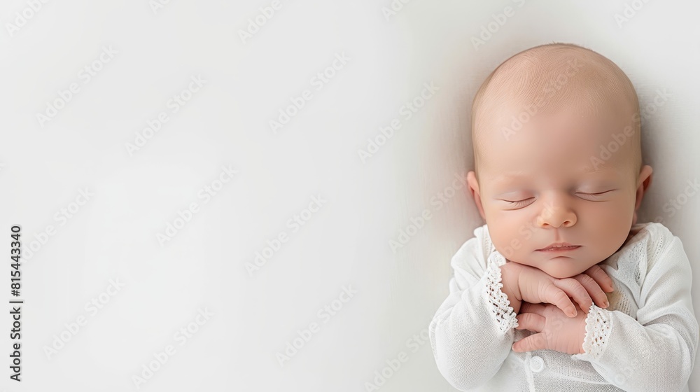A baby sleeps on a white surface, hands placed palm-down on his chest, head gently resting there A baby sleeps on a white surface, hands placed palm-down on his chest, head gently resting there