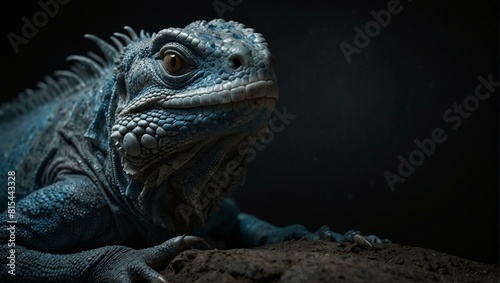 Close-up of a blue iguana with detailed scales in a dark environment