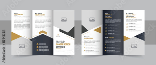 Construction business agency trifold brochure template design layout, building construction tri fold vector