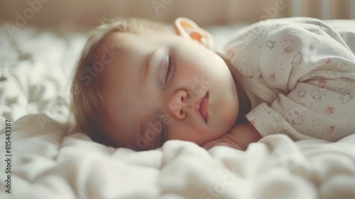  A sleeping baby lies on a white-comfortered bed, pacifier in ear