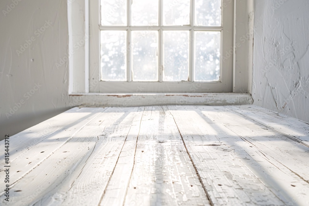 A white wooden table surface empty in front of a window casting natural light, creating a serene and minimalist setting, ideal for showcasing simplicity and tranquility in everyday moments A white wooden table surface empty in front of a window casting natural light, creating a serene and minimalist setting, ideal for showcasing simplicity and tranquility in everyday moments