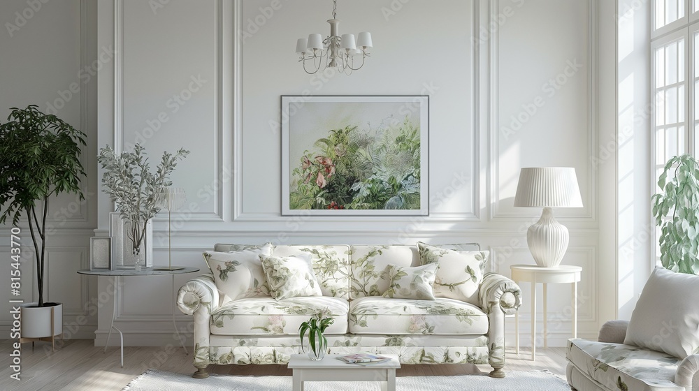 Frame mockup, classic sofa with floral pattern, stylish and elegant style home living room interior, wall poster frame Frame mockup, classic sofa with floral pattern, stylish and elegant style home living room interior, wall poster frame