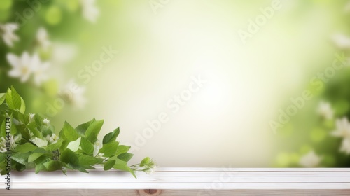 Empty of wooden table top with blurry green leaf and bokeh background. For montage product display or design key visual layouts.