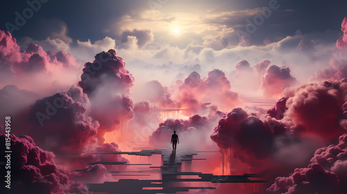 person on the top of clouds colorful minimalism painting