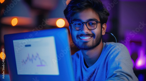 happy indian student using laptop