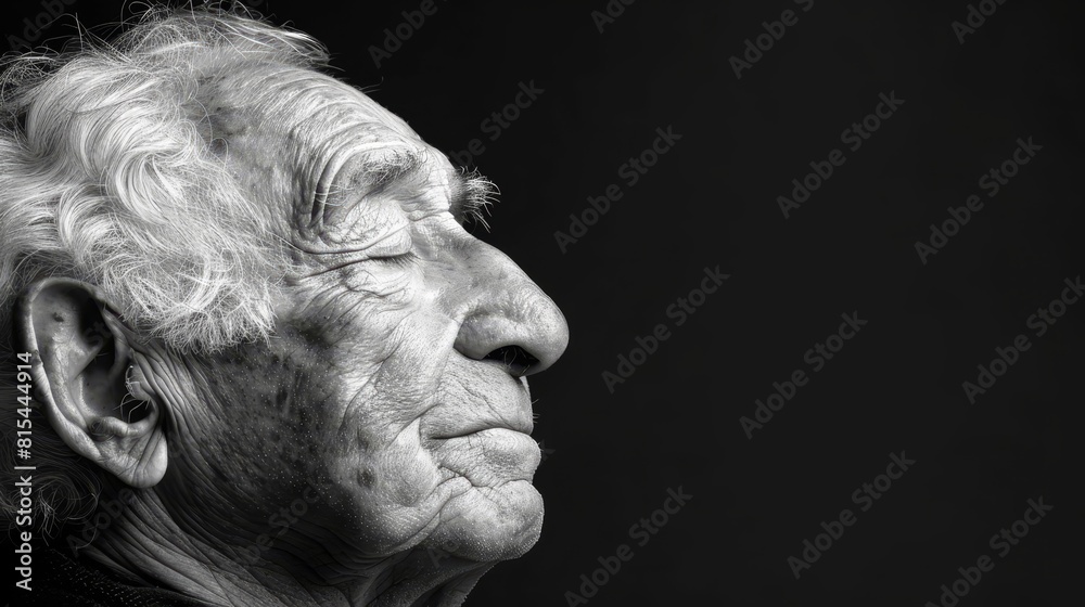 A monochrome image of an elderly woman, her weathered face etched with deep wrinkles, gazes off to the side A monochrome image of an elderly woman, her weathered face etched with deep wrinkles, gazes off to the side