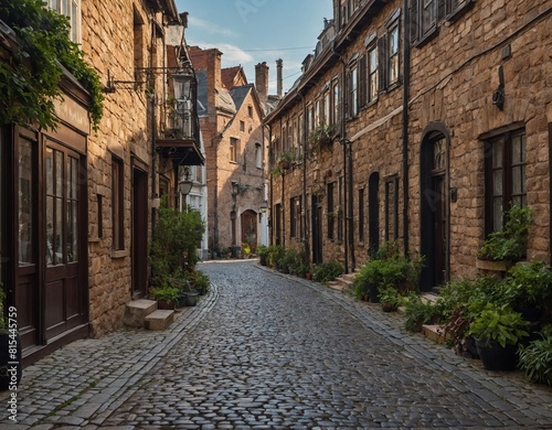 A charming street in a historic district with cobblestone pavement and old buildings.