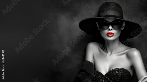  A monochrome image of a woman in a hat, sunglasses, and a black dress with a bold red lip