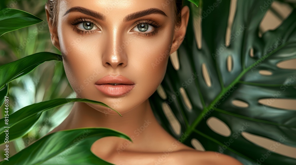 A woman's face, closely framed, holds a green leaf in frontality In the background, a plant stands tall A woman's face, closely framed, holds a green leaf in frontality In the background, a plant stands tall