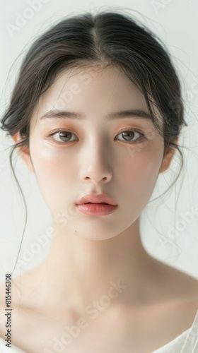 A studio shot of a beautiful young Korean woman with white skin and clean fresh skin on a white background