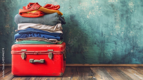  A red suitcase sits atop a wooden floor, near an array of unfolded and unbuttoned clothes stacked beside it photo