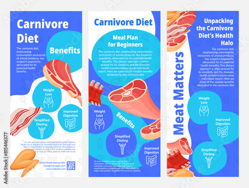 Carnivore diet benefit healthy food flyer poster with infographic line design template set vector