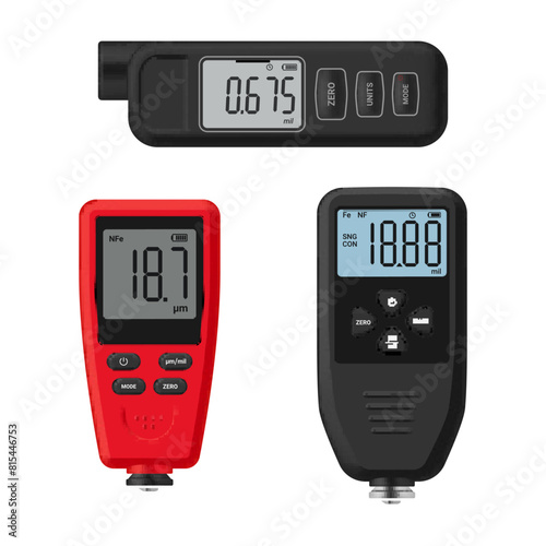 Digital thickness gauge ultrasonic portable measuring red and black instrument set realistic vector