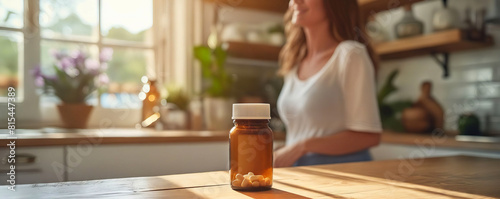 Woman with a bottle of essential oil on a wooden table.