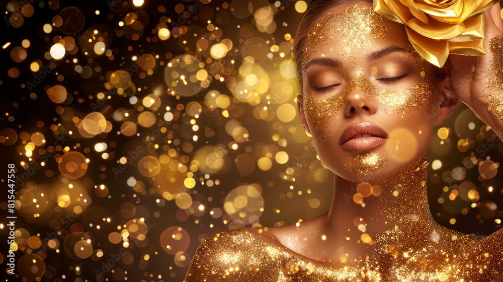 A woman adorns gold glitter on her face, and weaves a yellow rose into her hair; another golden rose graces her head A woman adorns gold glitter on her face, and weaves a yellow rose into her hair; another golden rose graces her head