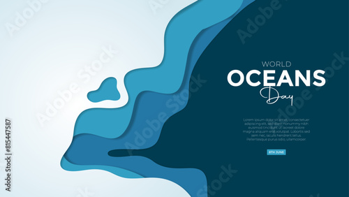 Paper art concept of World Oceans Day with conserve world oceans, water, ecosystem. Blue origami craft paper of sea waves, fish and plants.