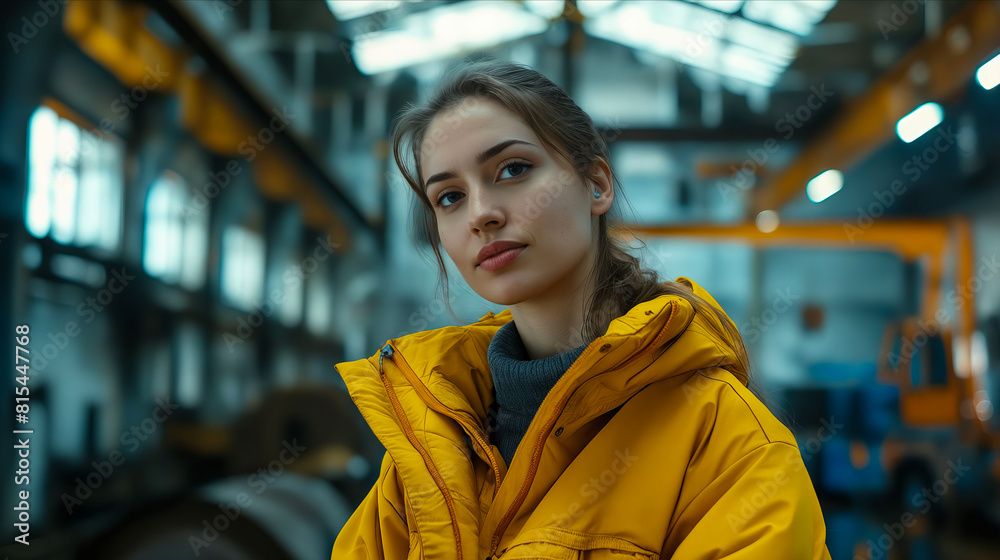 A young woman in a yellow jacket standing in s warehouse. A young woman in a yellow jacket standing in s warehouse.