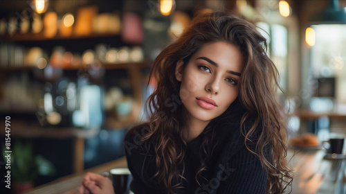 A beautiful woman in black sweater sitting at a table.
