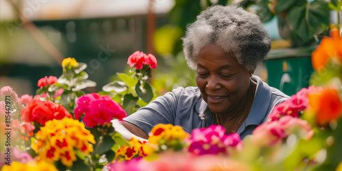 Fototapeta Naklejka Na Ścianę i Meble -  An older woman looking at flowers in a garden.