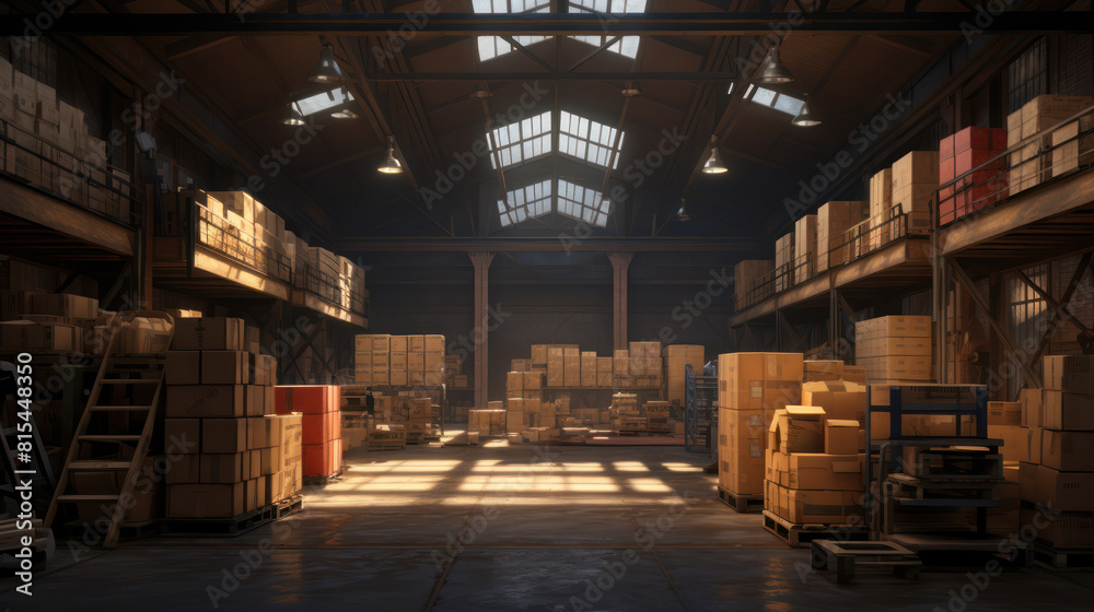 Illustration warehouse interior featuring shelves, pallets, and boxes Illustration warehouse interior featuring shelves, pallets, and boxes