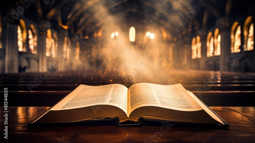 Open Holy Bible with glowing lights in a church