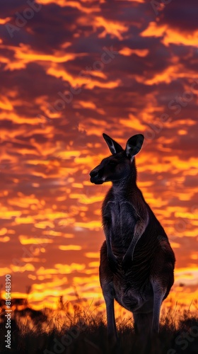 Serene scene of a Western Grey Kangaroo standing tall against the backdrop of a fiery outback sunset  its silhouette silhouetted against the vibrant hues of the evening sky.