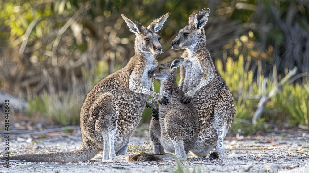 Heartwarming image of a Western Grey Kangaroo family, with adults and joeys gathered together in a tender moment of bonding and camaraderie. Heartwarming image of a Western Grey Kangaroo family, with adults and joeys gathered together in a tender moment of bonding and camaraderie.