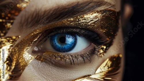  A tight shot of a woman's blue eye, adorned with gold foil above it, accompanied by golden leaves circling her eyelines photo