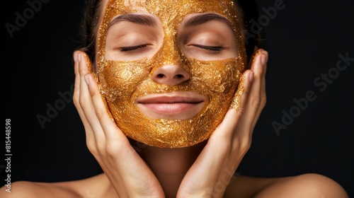  A woman dons a golden mask, shielding her face as she closes her eyes