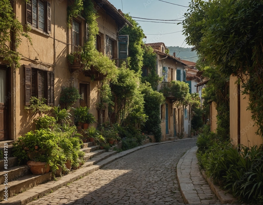 A quiet side street with lush greenery and quaint houses.