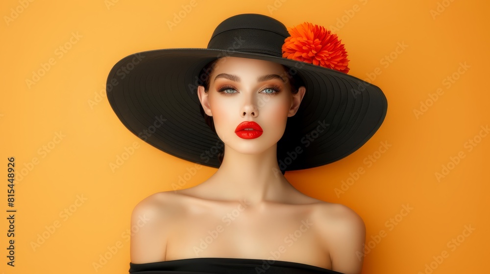 A woman dons a black hat adorned with a red pom-pom on its brim A woman dons a black hat adorned with a red pom-pom on its brim