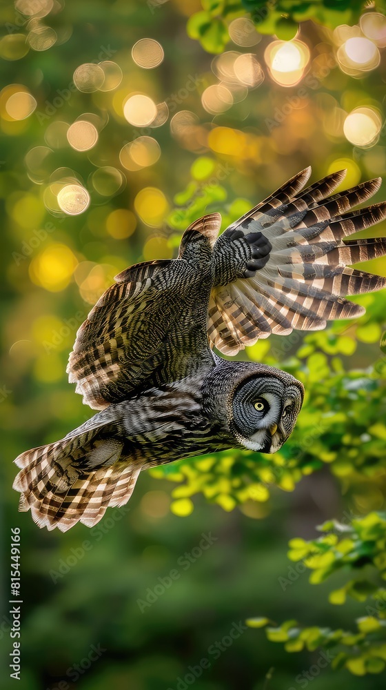 Dynamic composition capturing the beauty and grace of a Great gray owl in flight, its powerful wings beating rhythmically against a backdrop of blurred greenery and sparkling bokeh lights.