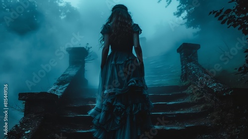  A woman in a long dress stands on fog-shrouded stairs, stairs ascending into the mist above