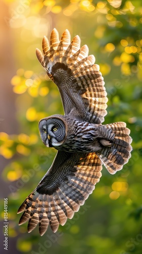 Spellbinding image of a Great gray owl soaring against the morning sky, its outstretched wings catching the warm glow of sunrise, with soft bokeh green background lending a sense of tranquility.