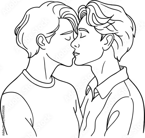 one-line drawing of two people LGBT embracing, with one person kissing the Lips of the other 