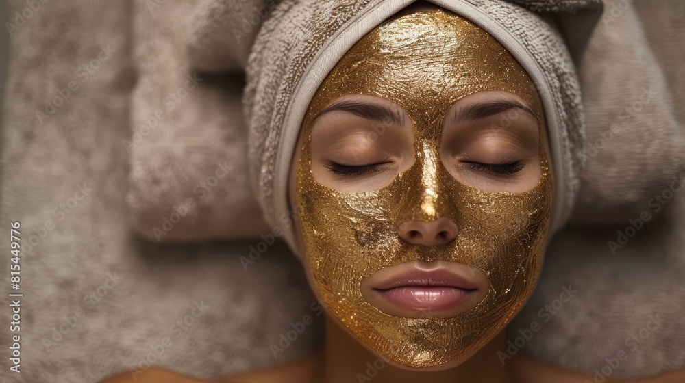A woman wears a gold mask over her face and wraps a towel around her head A woman wears a gold mask over her face and wraps a towel around her head