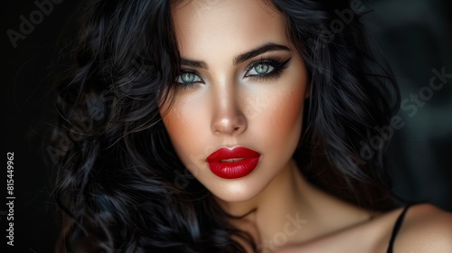  A tight shot of a woman with lengthy black tresses against a black backdrop  her lips painted boldly red