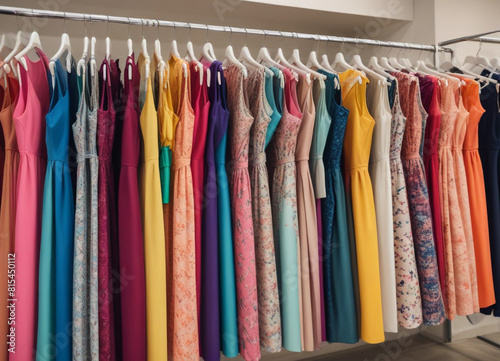 Colorful-dresses-hanging-on-a-rack-in-a-clothing-store