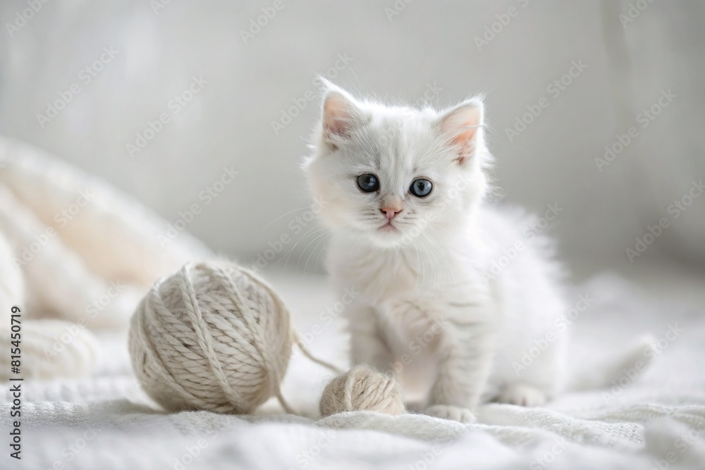 Pets. A small fluffy white kitten is playing with a ball of yarn on a white bed. A curious kitten lies on a white blanket and looks at the camera. Textiles, knitting.