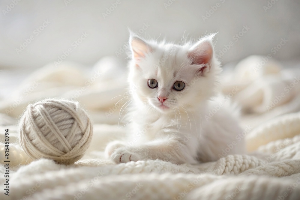 Pets. A small fluffy white kitten is playing with a ball of yarn on a white bed. A curious kitten lies on a white blanket and looks at the camera. Textiles, knitting.