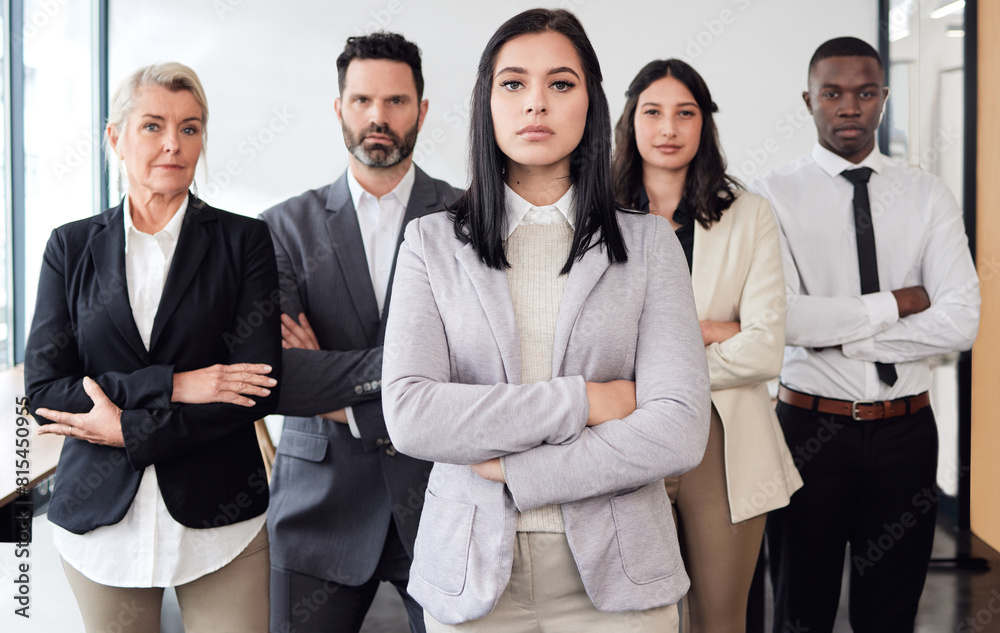 Business people, arms crossed and portrait in office, together and proud of teamwork opportunity. Colleagues, solidarity and confident for company development, collaboration and support by leader Business people, arms crossed and portrait in office, together and proud of teamwork opportunity. Colleagues, solidarity and confident for company development, collaboration and support by leader
