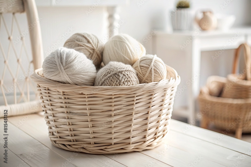 Balls of yarn in a wicker basket in white and beige tones. Needlework, textiles, knitting. Winter season, small business, handmade clothes.
