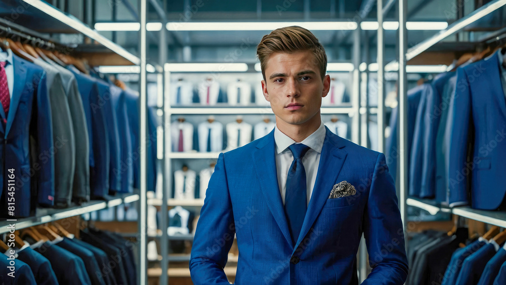 Portrait of handsome young businessman in suit looking away while standing in boutique Portrait of handsome young businessman in suit looking away while standing in boutique