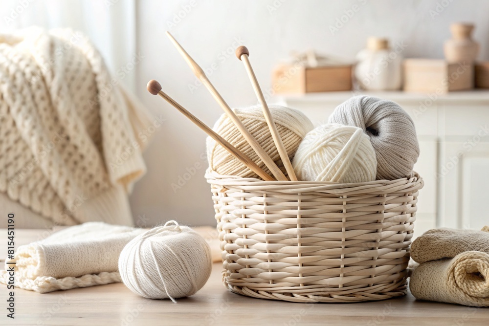 Balls of yarn in a wicker basket in white and beige tones. Needlework, textiles, knitting. Winter season, small business, handmade clothes. Balls of yarn in a wicker basket in white and beige tones. Needlework, textiles, knitting. Winter season, small business, handmade clothes.