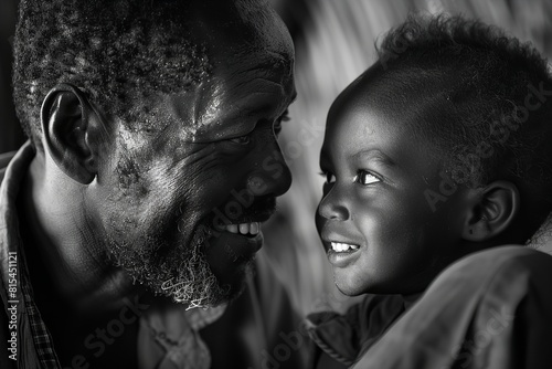 A black and white portrayal of a man standing beside a child, both looking towards the camera with neutral expressions