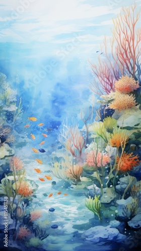 Underwater world. Coral reef and fishes in Red sea at Egypt  watercolor